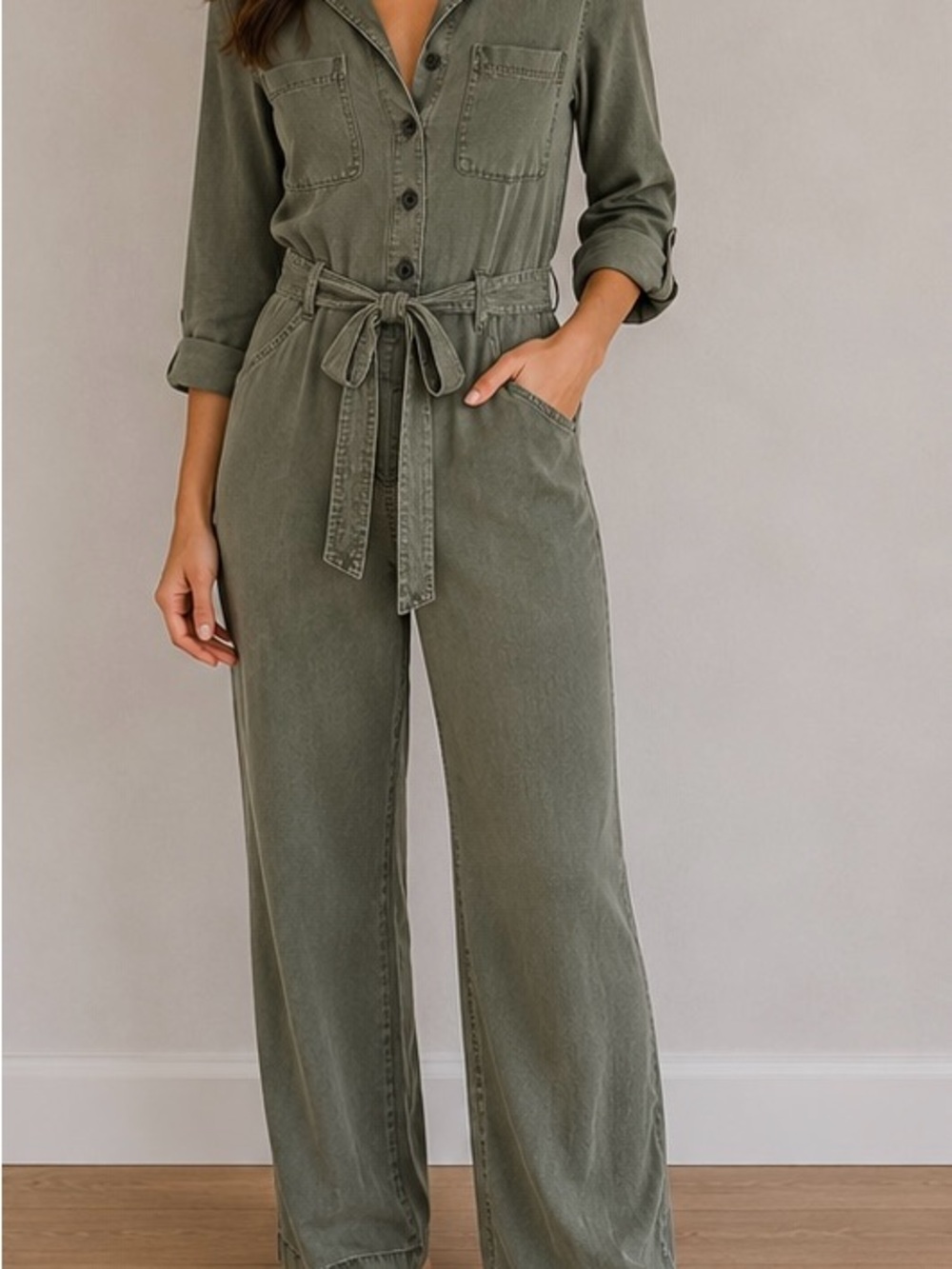 Abercrombie & Fitch Olive Green Button-Front Utility Jumpsuit